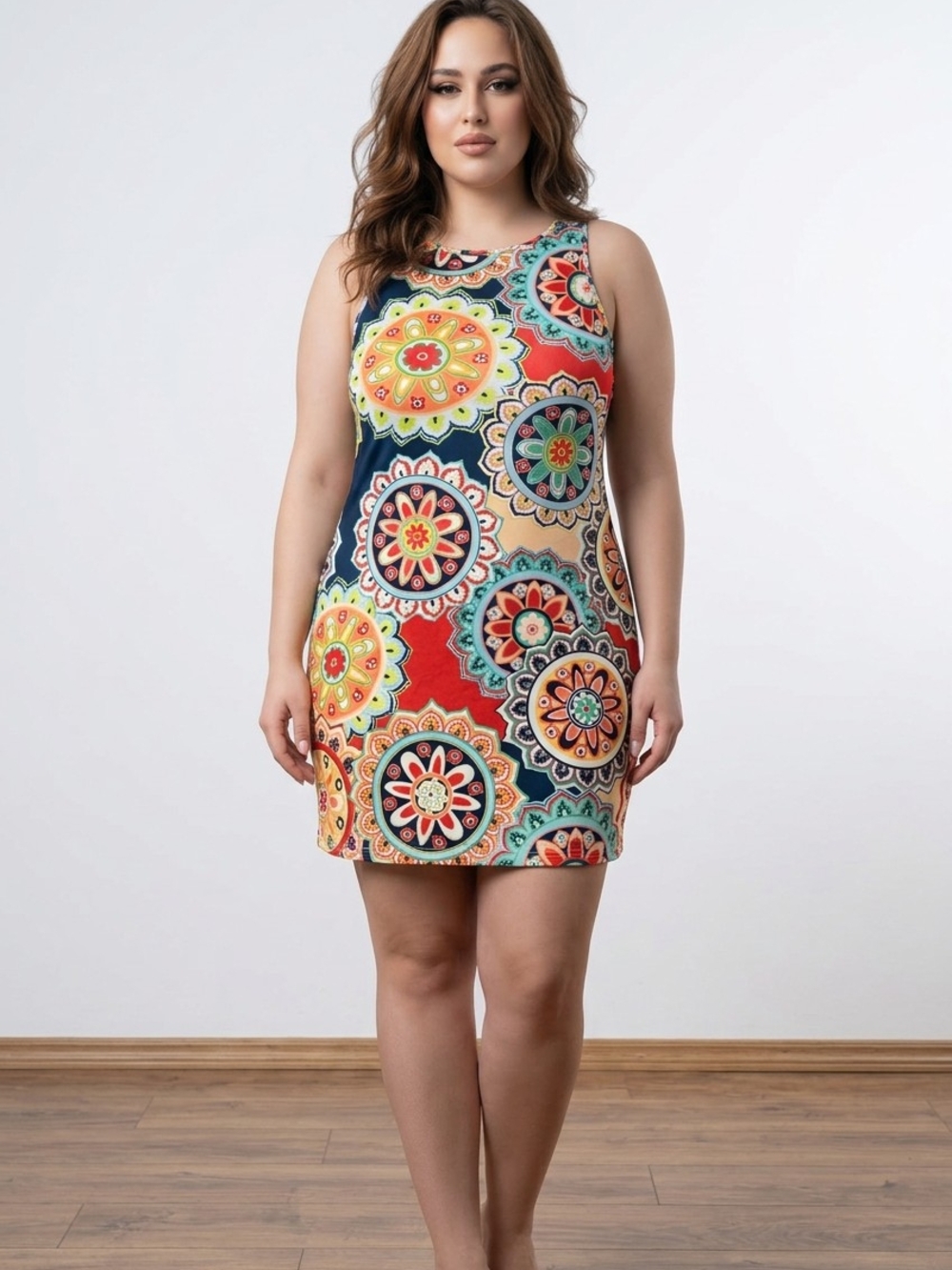 SHEIN Curve Multicolor Medallion Print Mini Dress - Red Navy Yellow Green Cream